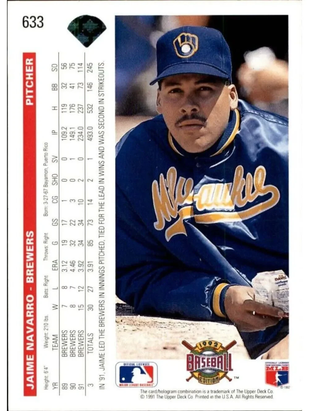 Jaime Navarro 1992 Upper Deck MLB #633 Baseball Card Milwaukee Brewers